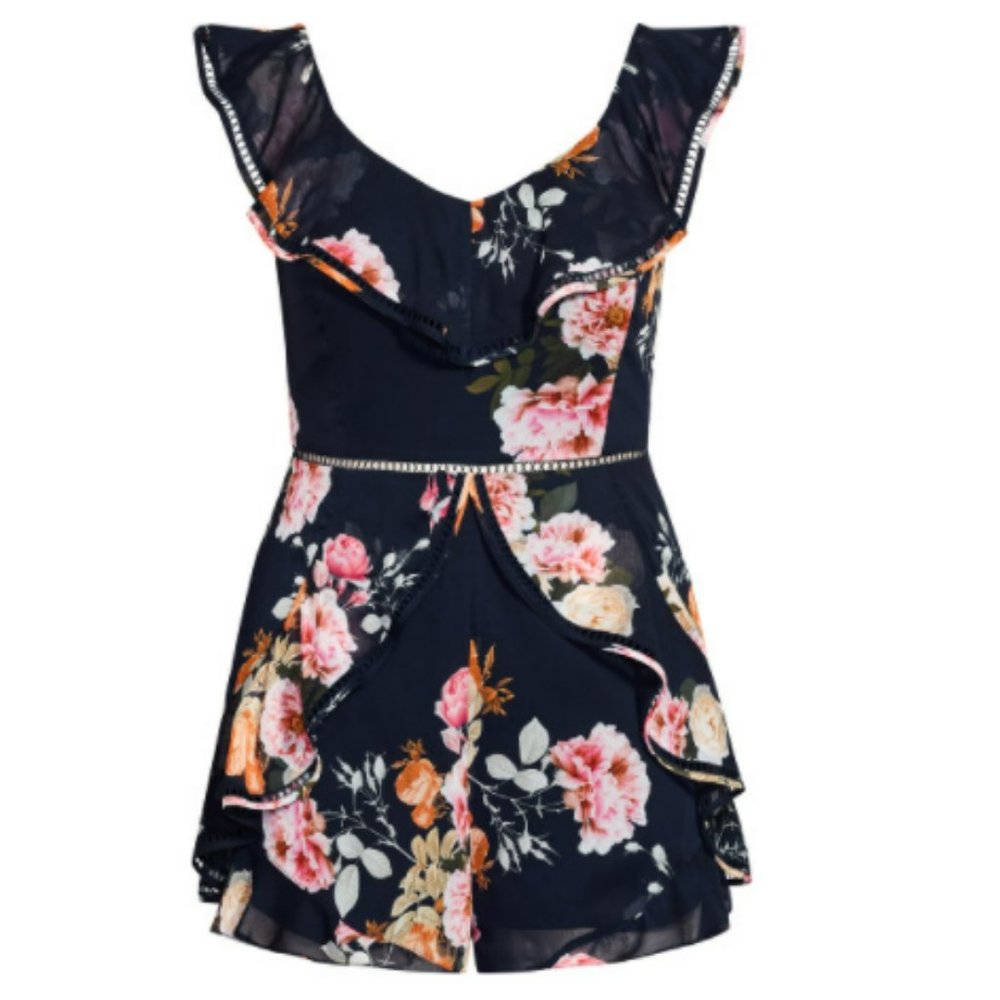 City Chic Floral Ruffle Jumpsuit - black and Pink